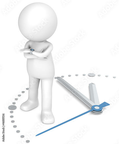 3D little human character standing on a clock at five to twelve