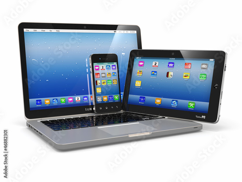 Laptop, phone and tablet pc. Electronic devices