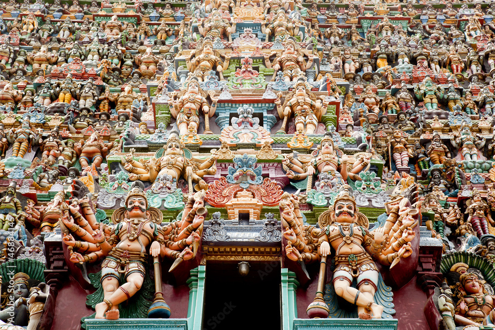 colorful reliefs of Hindu gods in the temple of Meenakshi