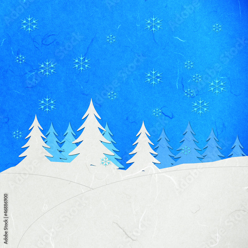 Rice paper cut  winter landscape with snow covered trees