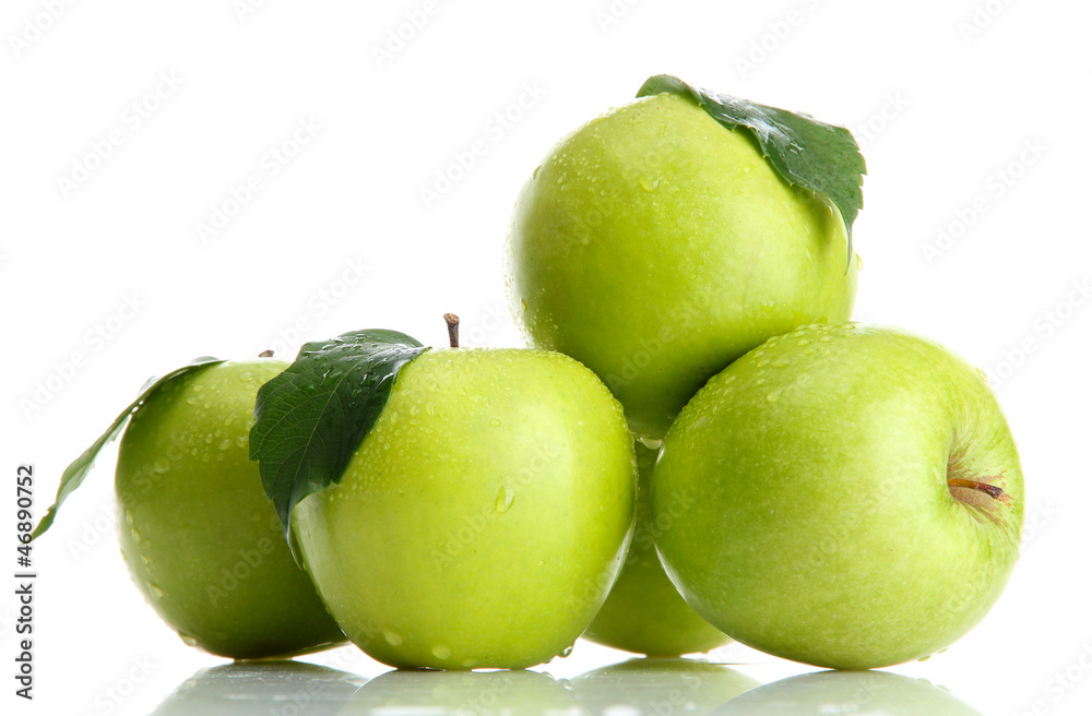 Ripe green apples with leaves isolated on white Ripe green apples with leaves isolated on white
