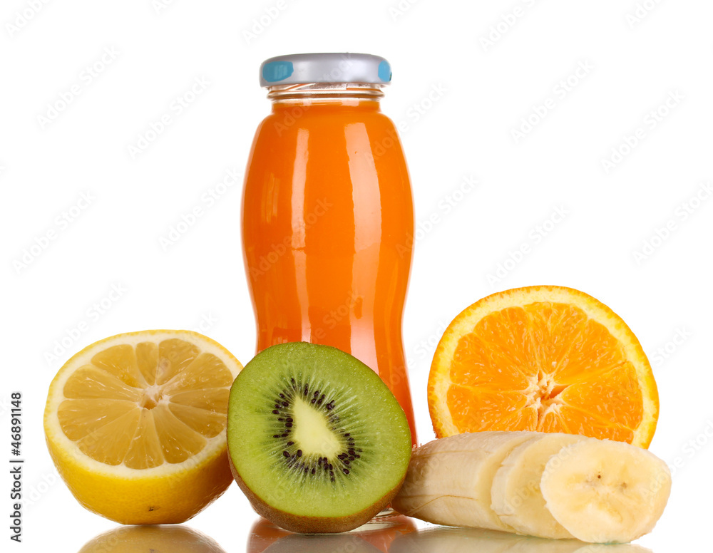 Delicious multifruit juice in a bottle and fruit next to it Delicious multifruit juice in a bottle and fruit next to it