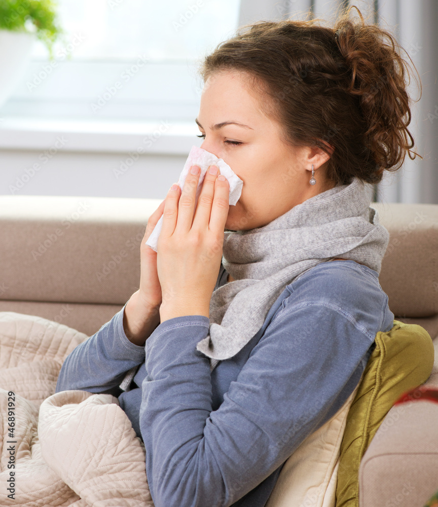Sick Woman.Flu.Woman Caught Cold. Sneezing into Tissue Sick Woman.Flu.Woman Caught Cold. Sneezing into Tissue