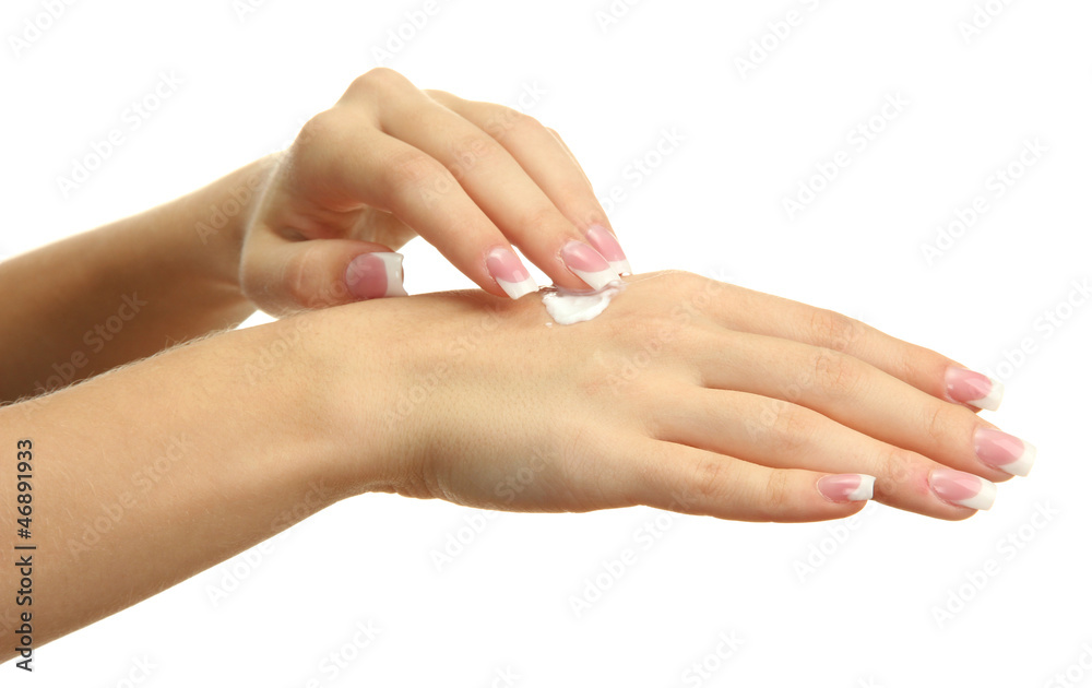 Beautiful woman hands with cream, isolated on white Beautiful woman hands with cream, isolated on white