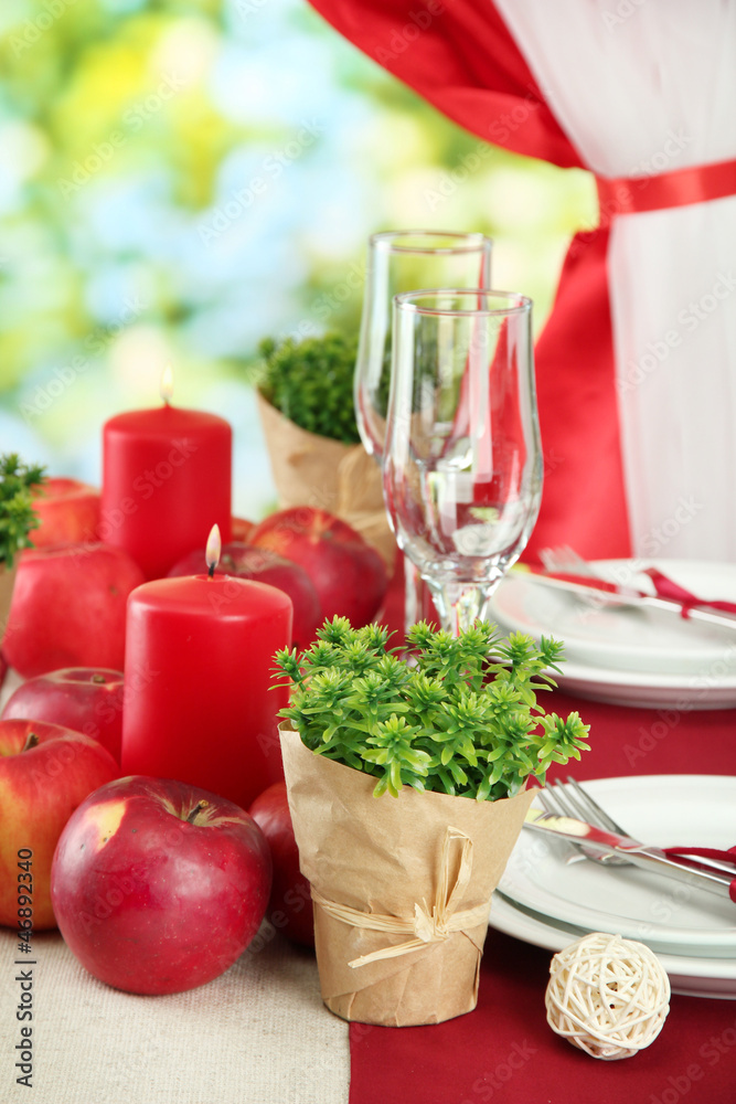 beautiful holiday table setting with apples, close up