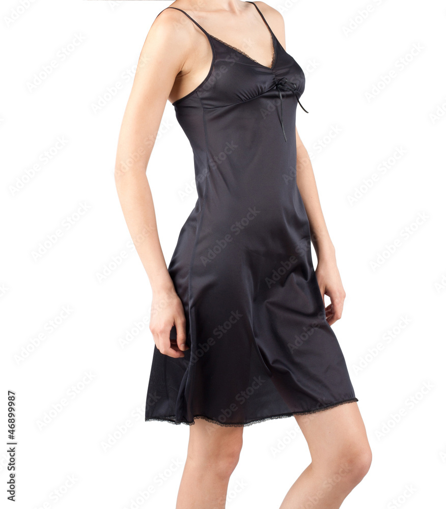 A woman wares a beautiful black satin sleepwear A woman wares a beautiful black satin sleepwear