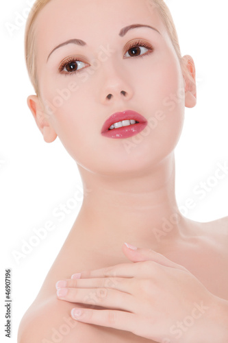 beautiful woman with clean fresh skin, white background