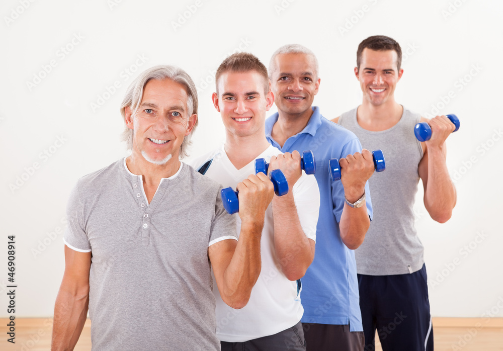 Row of men working with dumbbells Row of men working with dumbbells