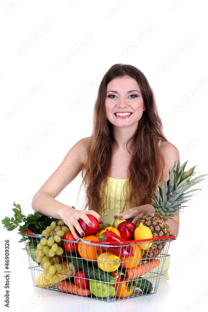 Beautiful woman with healthy food in metal basket isolated Beautiful woman with healthy food in metal basket isolated