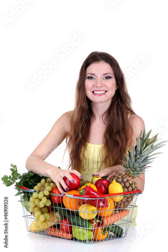 Beautiful woman with healthy food in metal basket isolated
