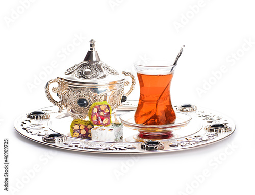 Turkish tea and sweets in decorative ware, candies