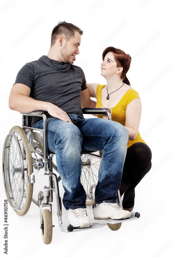 Man in wheelchair and his girlfriend is worried Man in wheelchair and his girlfriend is worried