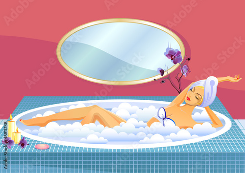 Beautiful girl taking a bath with foam - horizontal format