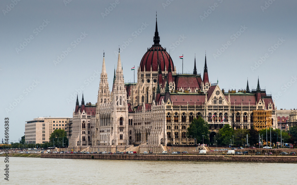 Hungarian Parliament and Danube river, Budapest. Orszaghaz.