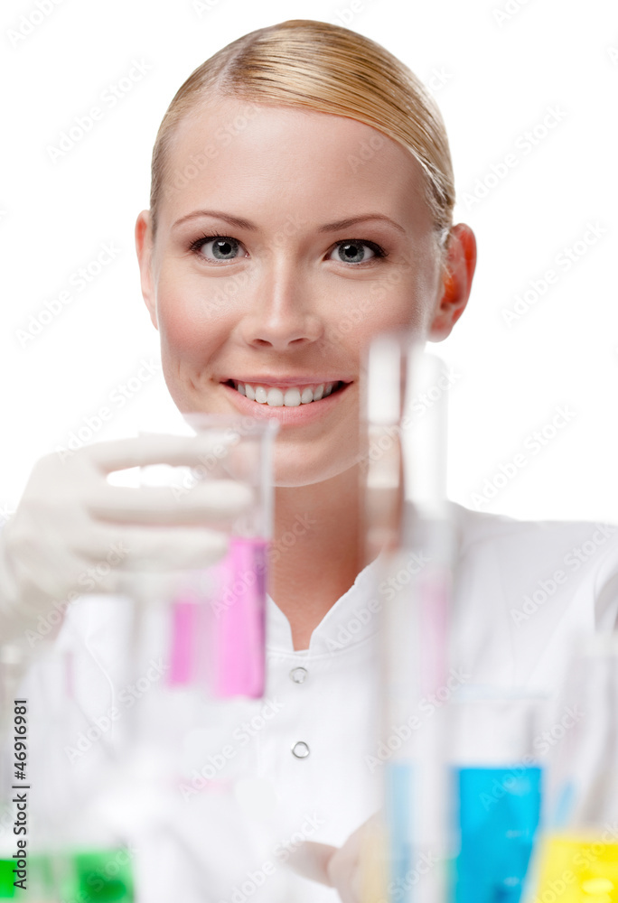 Smiley female doctor with beaker, isolated on white Smiley female doctor with beaker, isolated on white