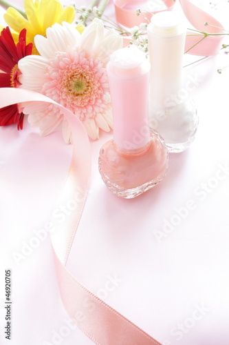 close up of pink gerbera and nails 