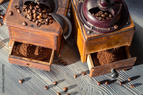 Ground coffee in the old-fashioned grinders