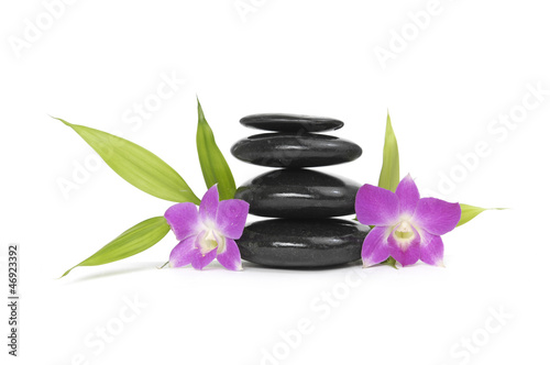 zen stones with two orchid and bamboo leaf, isolated