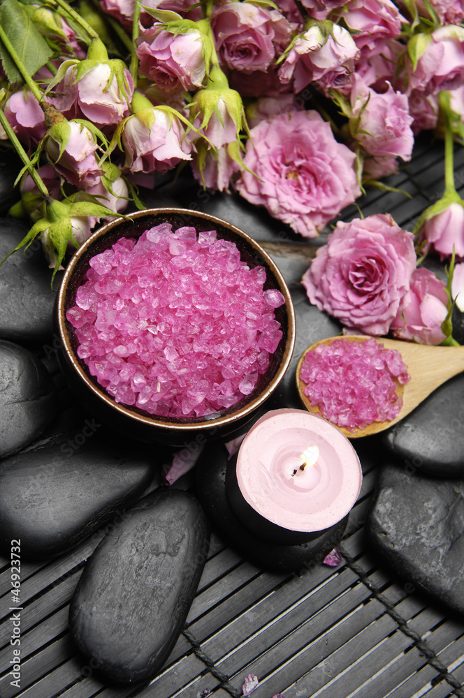 Spa products with Bouquet rose flowers and candles Spa products with Bouquet rose flowers and candles