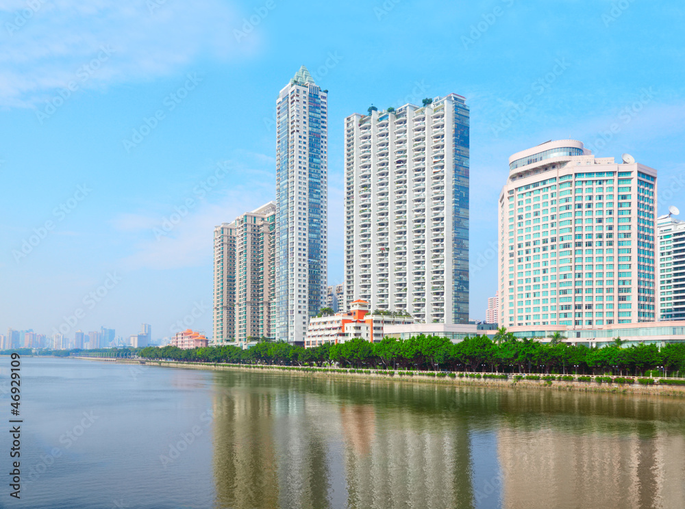 Coast with high buildings near Pearl river in Guangzhou, China.