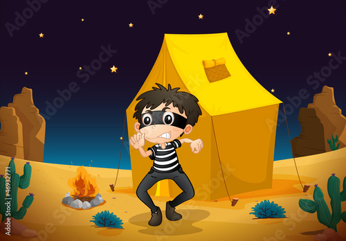 a tent house and a boy