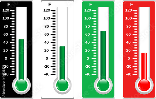 Red, black, white and green thermometers set isolated