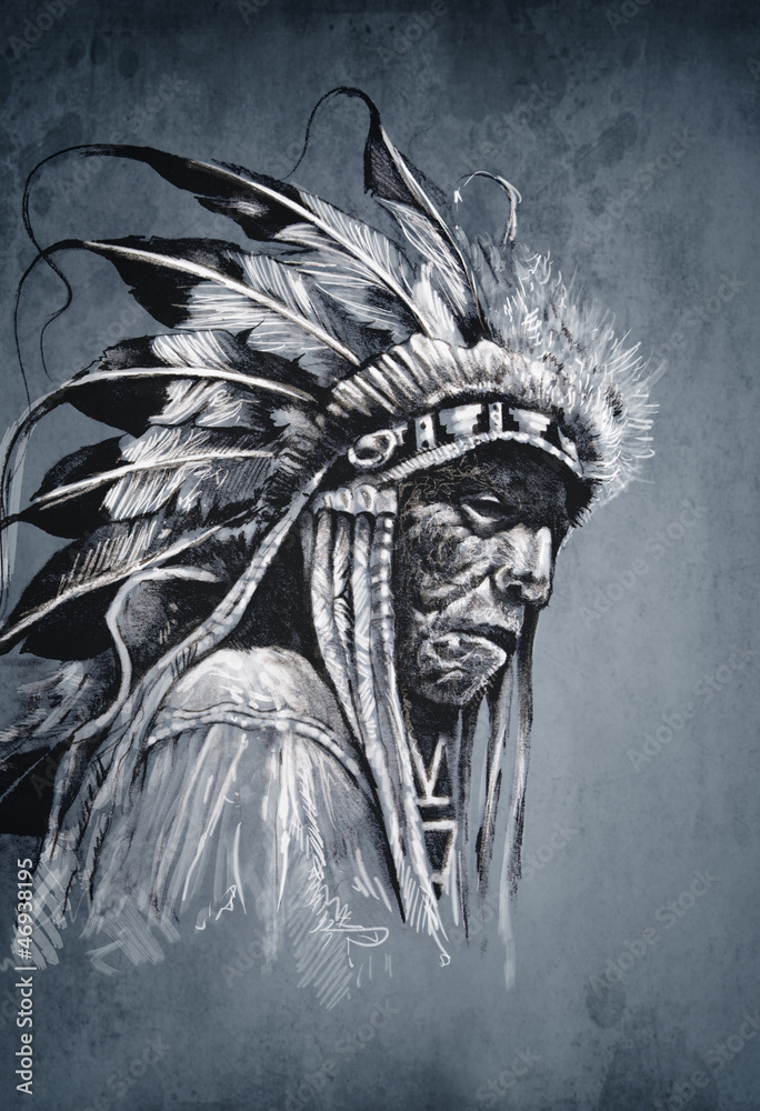 Native american indian head, chief, vintage style