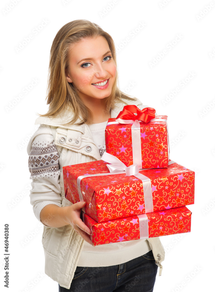 Young girl with gift boxes Young girl with gift boxes