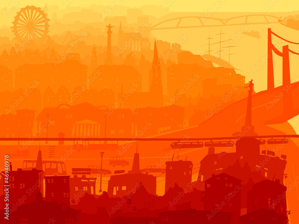 Abstract illustration of downtown city in sunset.