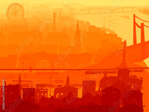 Abstract illustration of downtown city in sunset.