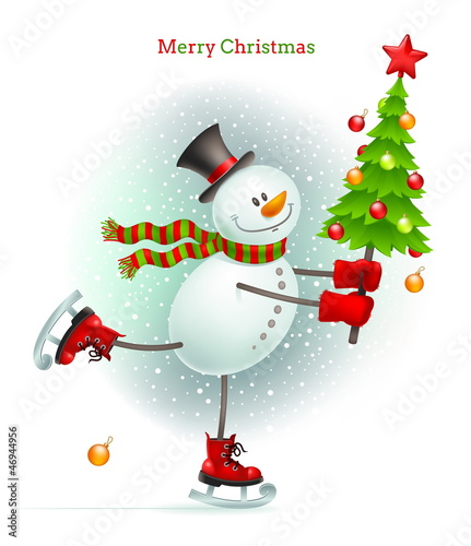Smiling snowman with Christmas tree