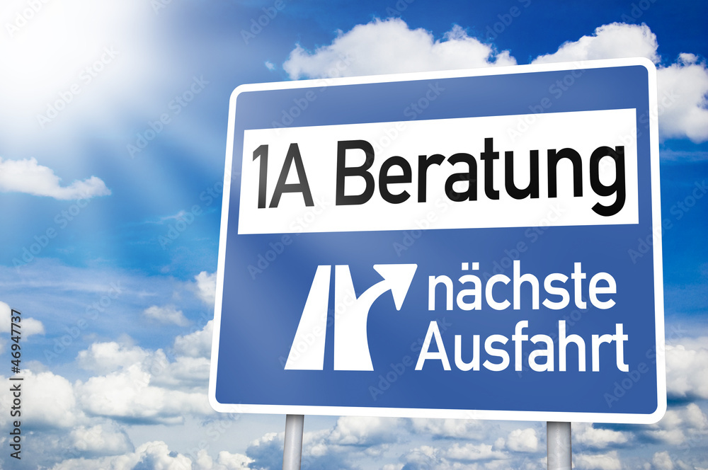 Blauer Wegweiser mit 1A Beratung und Sonne Blauer Wegweiser mit 1A Beratung und Sonne