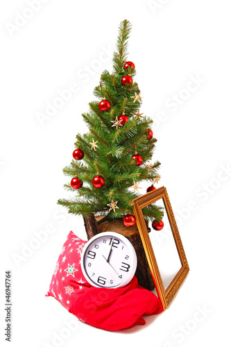 Christmas and New Year tree, stump, frame, clock and pillow isol