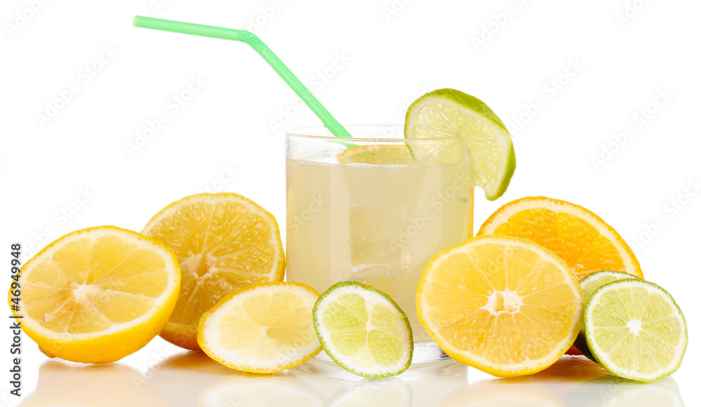 Citrus lemonade in glass of citrus around isolated on white Citrus lemonade in glass of citrus around isolated on white
