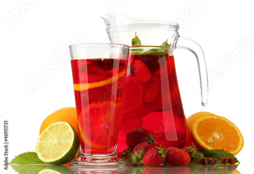 sangria in jar and glass with fruits, isolated on white