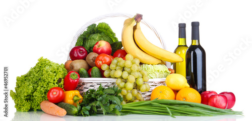 Composition with vegetables and fruits in wicker basket