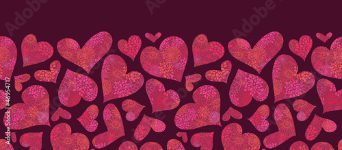 Vector Textured Red Hearts Horizontal Seamless Pattern