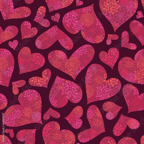 Vector Textured Red Hearts Seamless Pattern Background with many