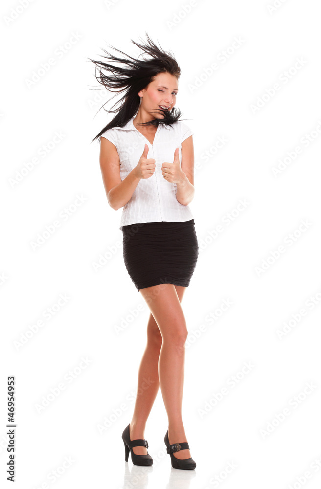 Portrait of a pretty young woman giving you thumbs up