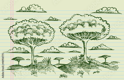 Savannah Forest Cartoon Landscape Sketch Doodle Vector