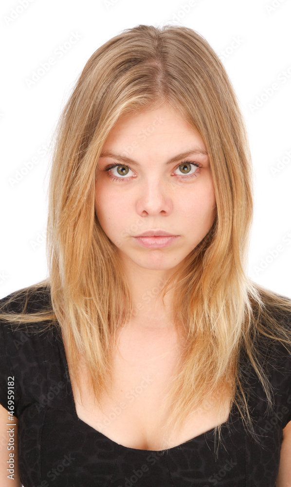 Portrait of a woman in a black dress on a white background. Portrait of a woman in a black dress on a white background.