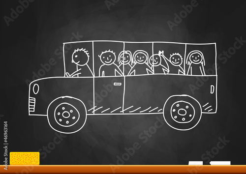 Drawing of school bus on blackboard
