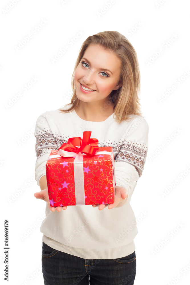young woman gives gift red box with bow young woman gives gift red box with bow