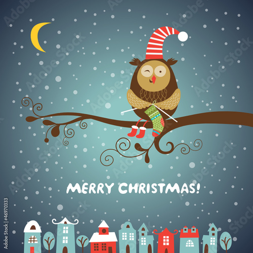 Christmas and New Year's card, cute owl knits a sock