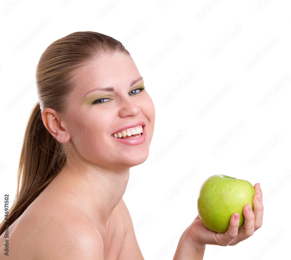 Smiling Beautiful Woman With An Apple Looking Towards Camera Smiling Beautiful Woman With An Apple Looking Towards Camera