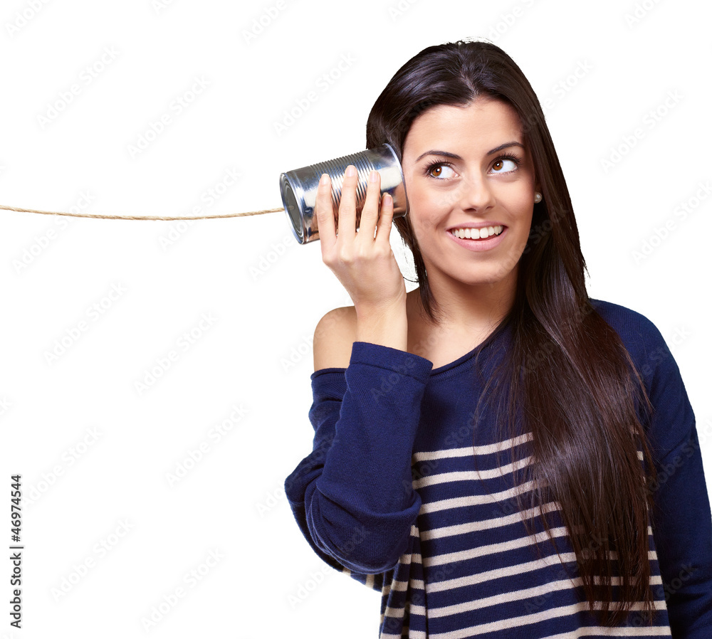 Female Holding A Metal Tin As A Telephone Female Holding A Metal Tin As A Telephone