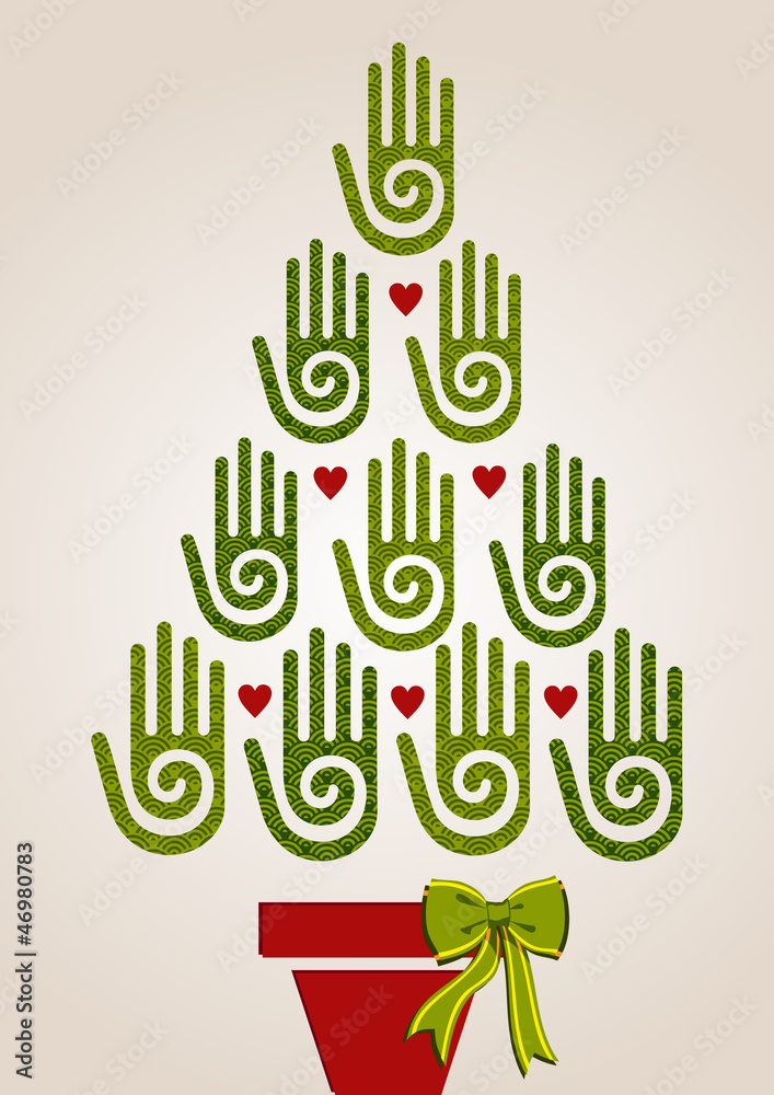 Naklejka premium Diversity green hands in Christmas Tree
