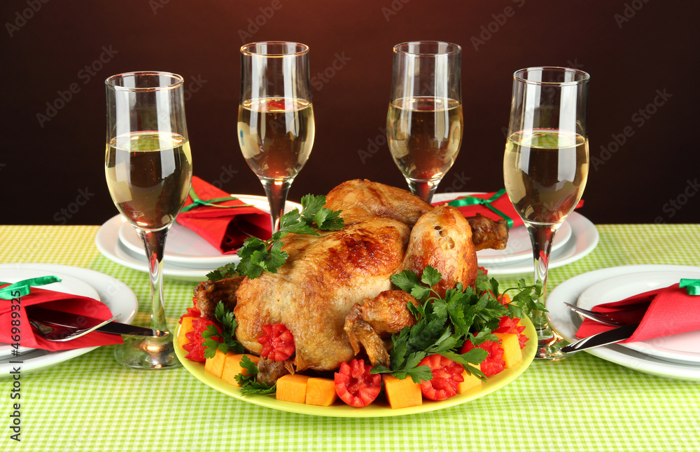 banquet table with roast chicken close-up. Thanksgiving Day banquet table with roast chicken close-up. Thanksgiving Day