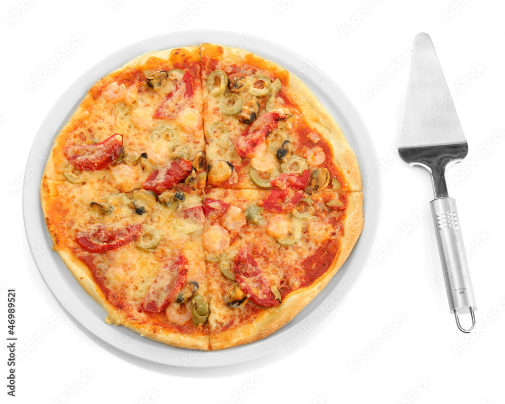 tasty pizza with culinary spatula isolated on white