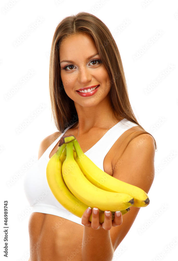 beautiful young woman with bananas, isolated on white beautiful young woman with bananas, isolated on white
